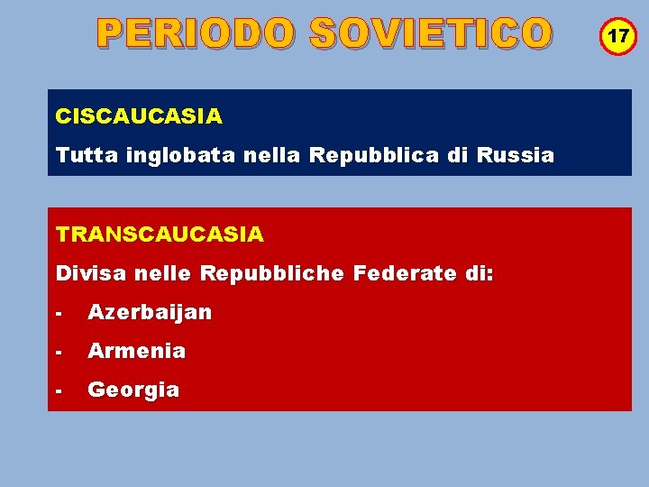 PERIODO SOVIETICO CISCAUCASIA Tutta inglobata nella Repubblica di Russia TRANSCAUCASIA Divisa nelle Repubbliche Federate