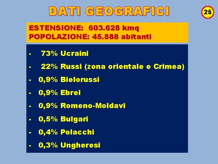 DATI GEOGRAFICI ESTENSIONE: 603. 628 kmq POPOLAZIONE: 45. 888 abitanti - 73% Ucraini -