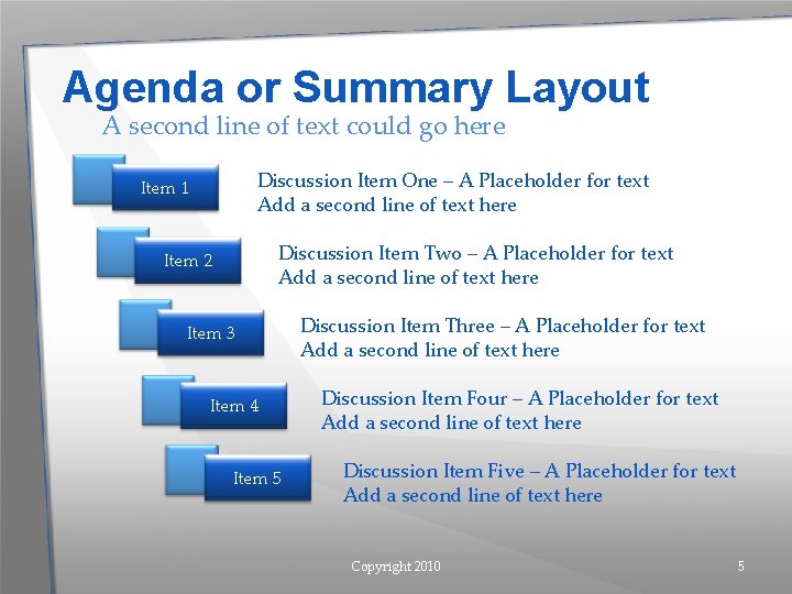 Agenda or Summary Layout A second line of text could go here Discussion Item