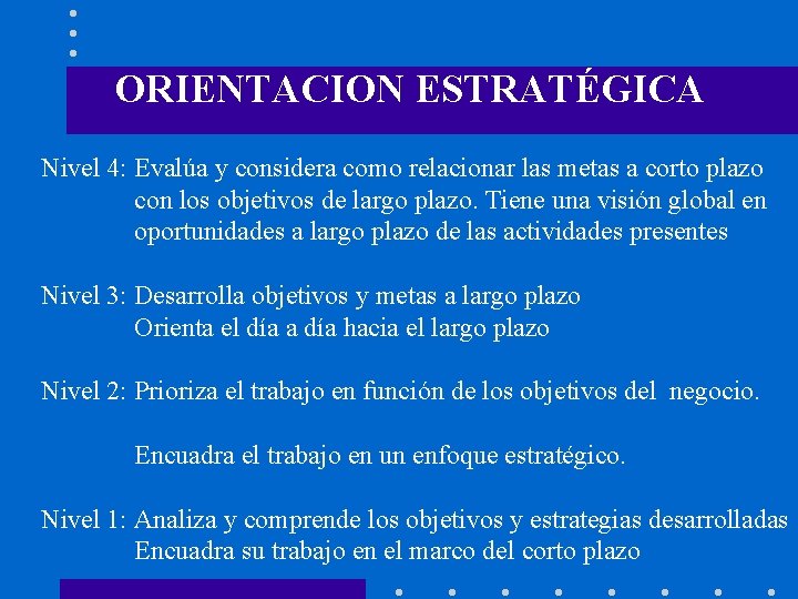 ORIENTACION ESTRATÉGICA Nivel 4: Evalúa y considera como relacionar las metas a corto plazo