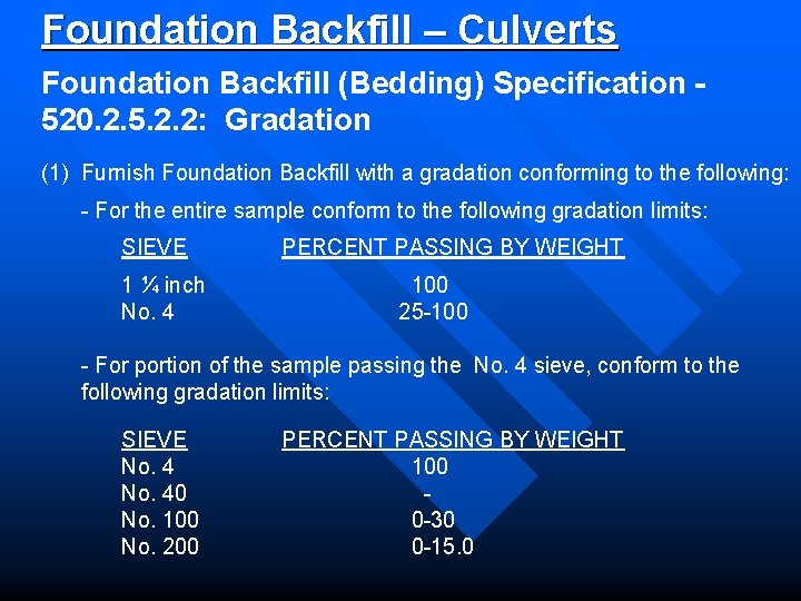 Foundation Backfill – Culverts Foundation Backfill (Bedding) Specification 520. 2. 5. 2. 2: Gradation