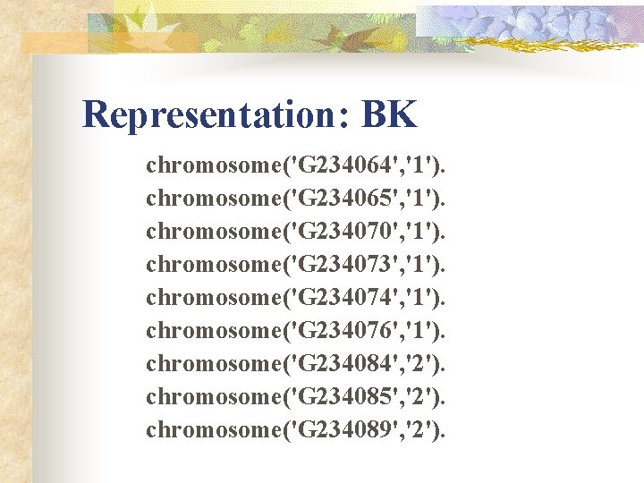 Representation: BK chromosome('G 234064', '1'). chromosome('G 234065', '1'). chromosome('G 234070', '1'). chromosome('G 234073', '1').