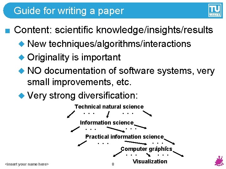 Guide for writing a paper Content: scientific knowledge/insights/results New techniques/algorithms/interactions Originality is important NO