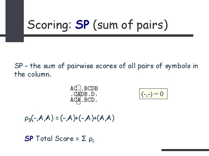 Scoring: SP (sum of pairs) SP – the sum of pairwise scores of all