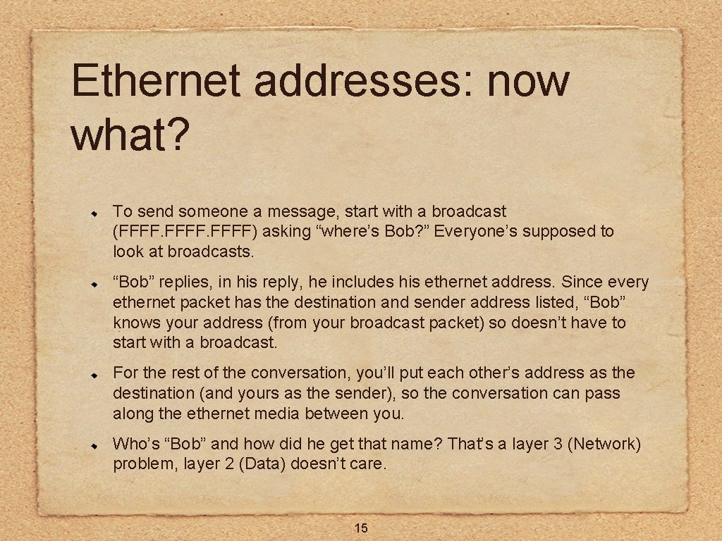 Ethernet addresses: now what? To send someone a message, start with a broadcast (FFFF)