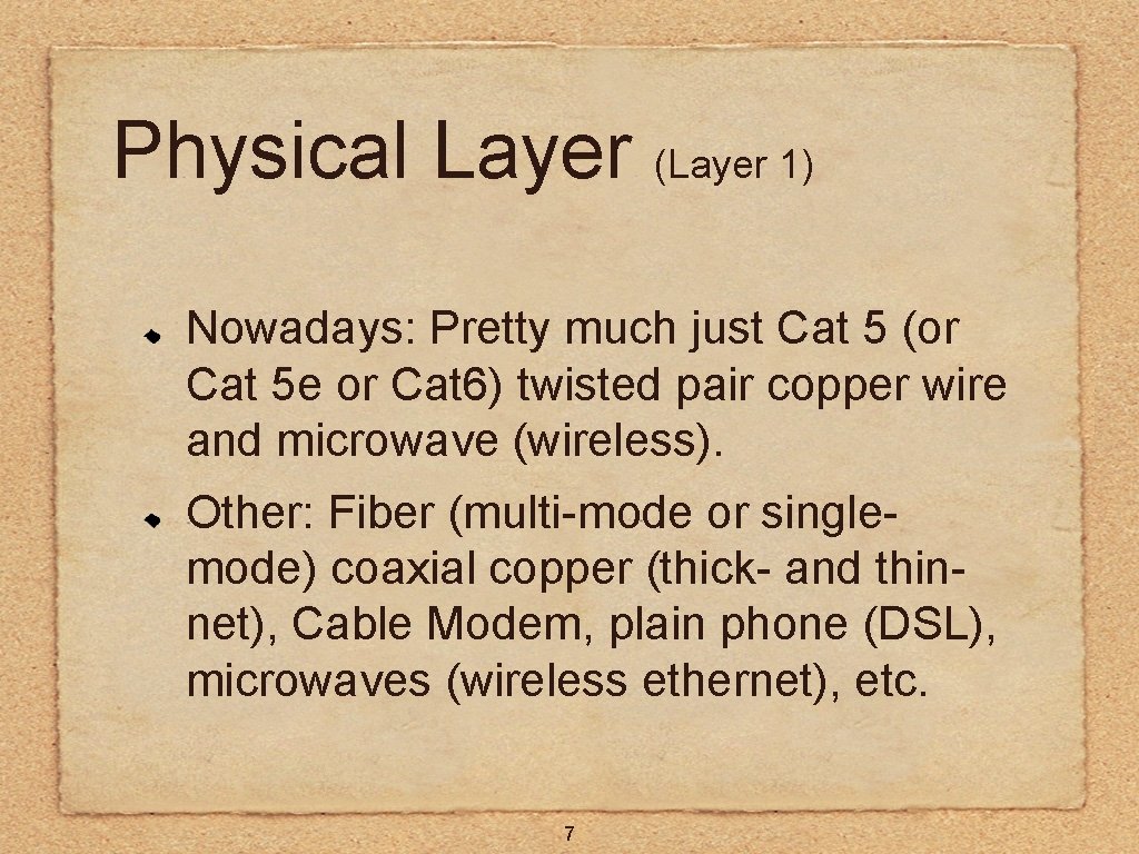 Physical Layer (Layer 1) Nowadays: Pretty much just Cat 5 (or Cat 5 e