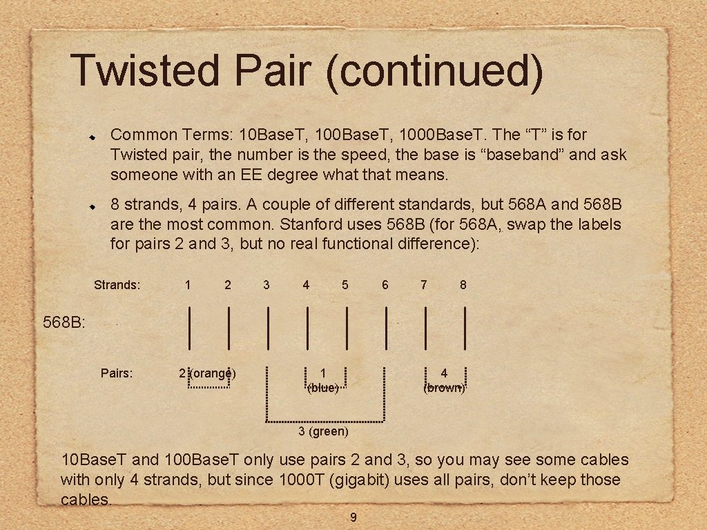 Twisted Pair (continued) Common Terms: 10 Base. T, 1000 Base. T. The “T” is