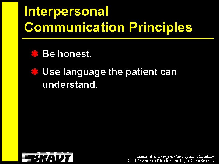 Interpersonal Communication Principles Be honest. Use language the patient can understand. Limmer et al.