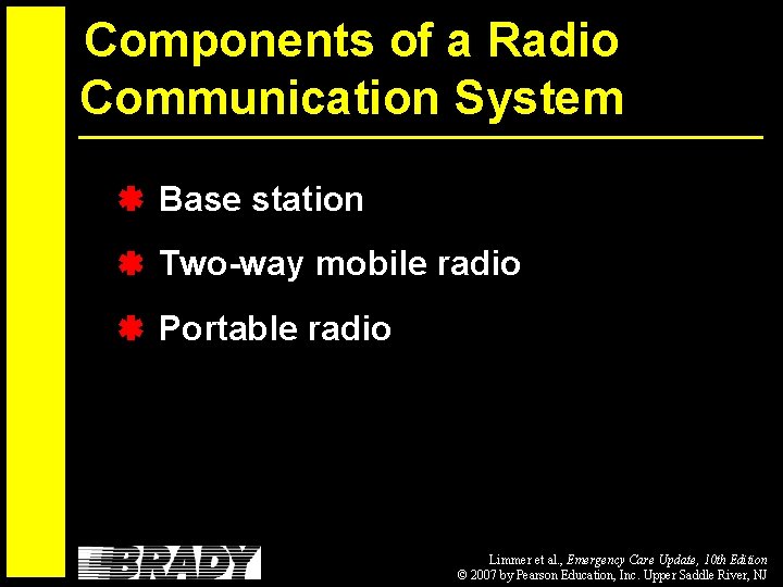 Components of a Radio Communication System Base station Two-way mobile radio Portable radio Limmer