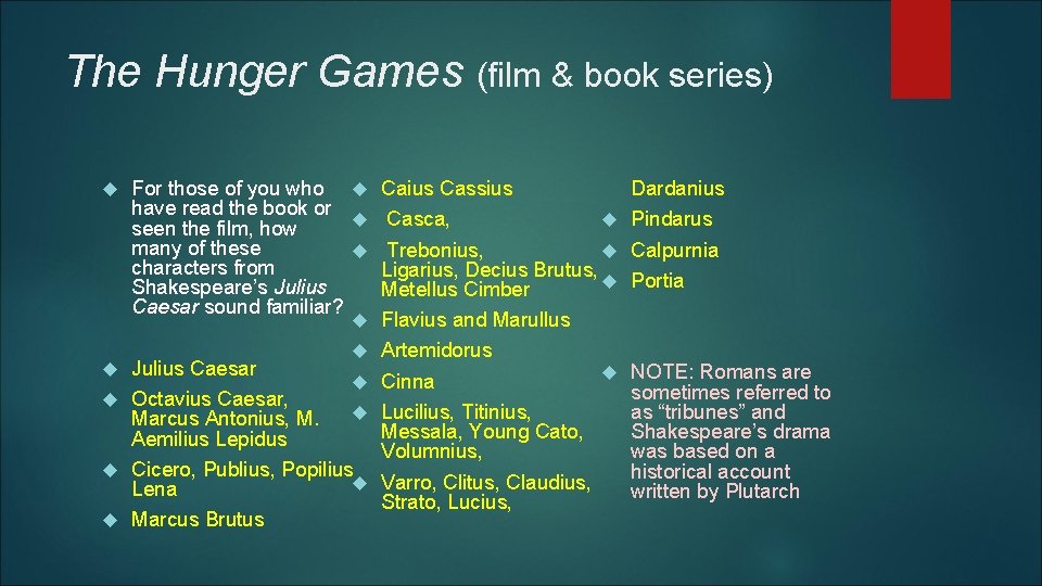 The Hunger Games (film & book series) For those of you who Caius Cassius