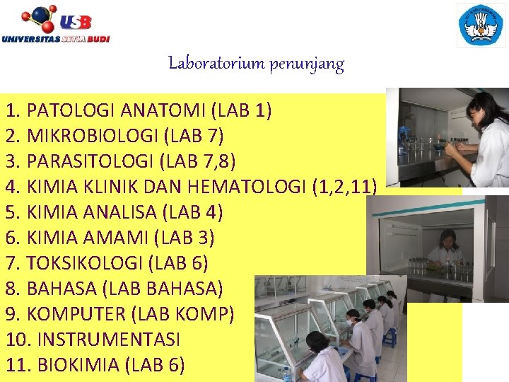 Laboratorium penunjang 1. PATOLOGI ANATOMI (LAB 1) 2. MIKROBIOLOGI (LAB 7) 3. PARASITOLOGI (LAB