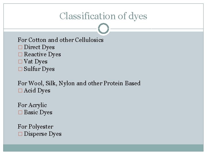 Classification of dyes For Cotton and other Cellulosics � Direct Dyes � Reactive Dyes