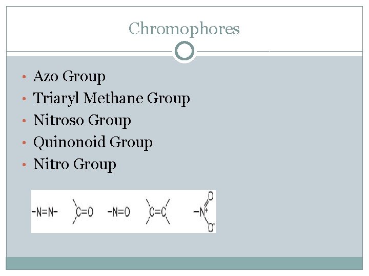 Chromophores • Azo Group • Triaryl Methane Group • Nitroso Group • Quinonoid Group