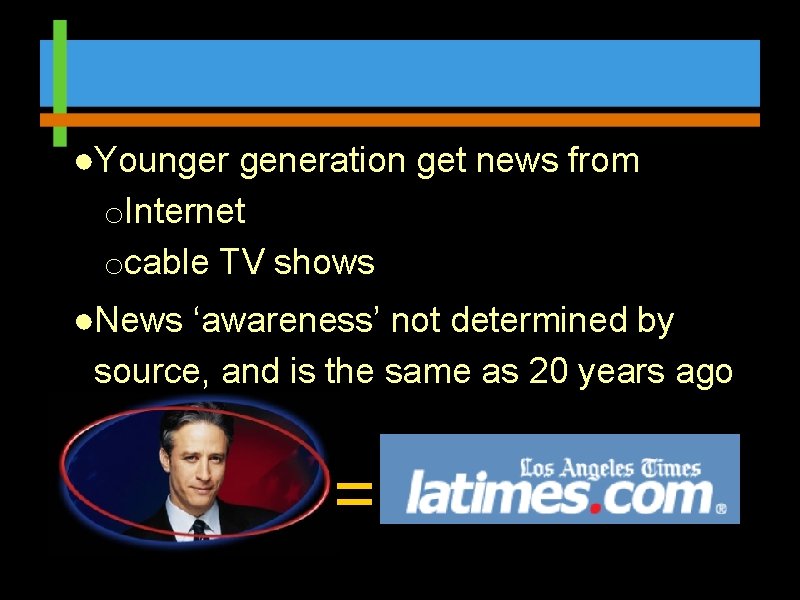 ●Younger generation get news from o. Internet ocable TV shows ●News ‘awareness’ not determined