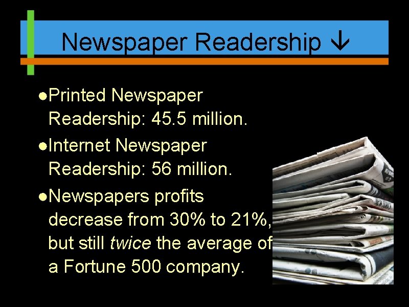 Newspaper Readership ●Printed Newspaper Readership: 45. 5 million. ●Internet Newspaper Readership: 56 million. ●Newspapers