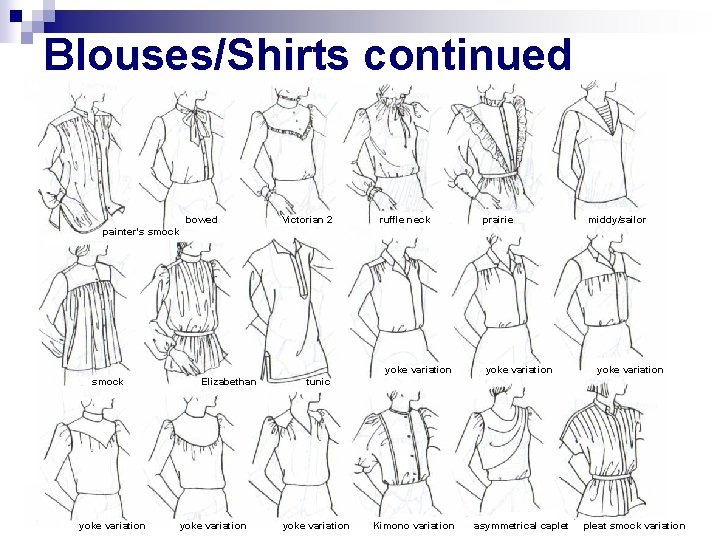 Blouses/Shirts continued bowed Victorian 2 ruffle neck prairie middy/sailor painter’s smock yoke variation Elizabethan