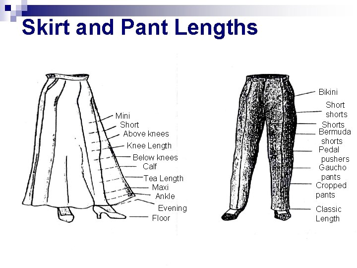 Skirt and Pant Lengths Bikini Mini Short Above knees Knee Length Below knees Calf