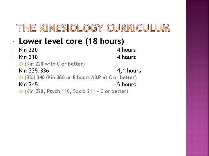  Lower level core (18 hours) Kin 220 Kin 310 (Kin 220 with C