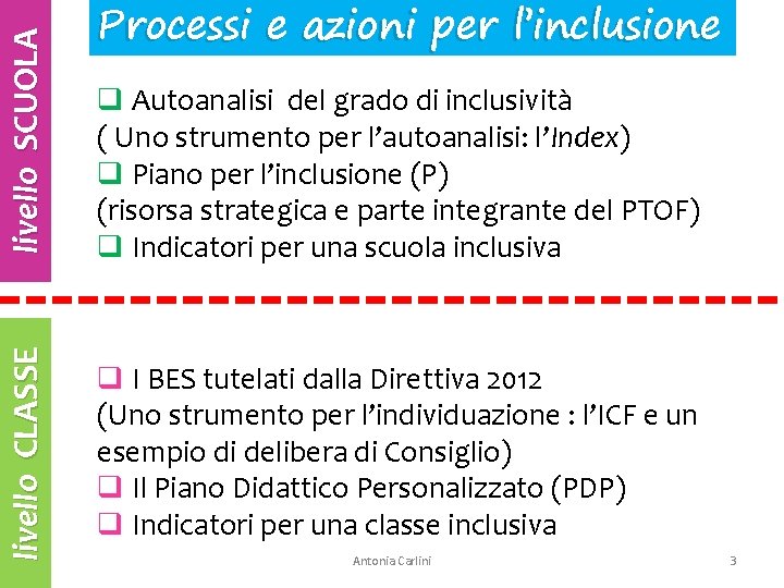 livello SCUOLA livello CLASSE Processi e azioni per l’inclusione q Autoanalisi del grado di