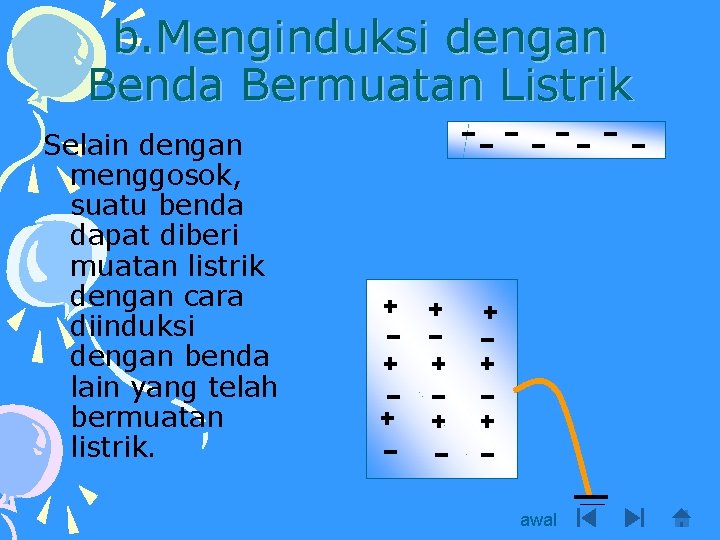 b. Menginduksi dengan Benda Bermuatan Listrik Selain dengan menggosok, suatu benda dapat diberi muatan