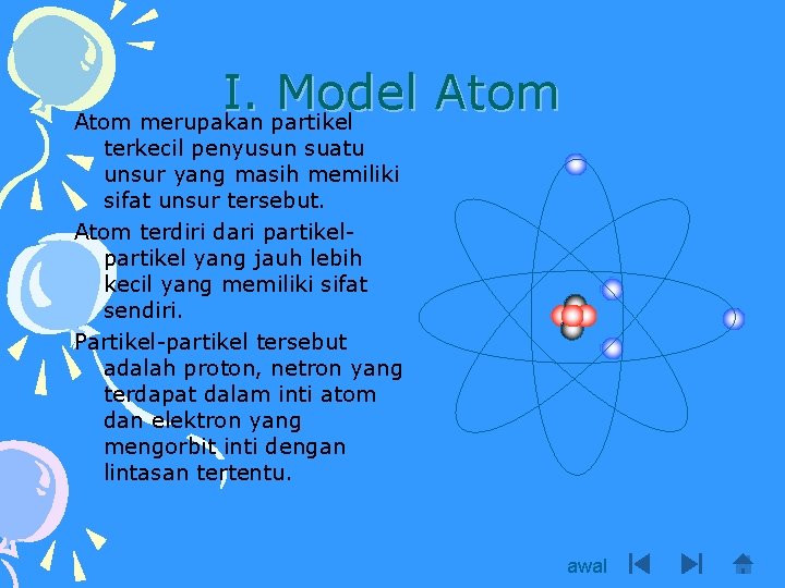 I. Model Atom merupakan partikel terkecil penyusun suatu unsur yang masih memiliki sifat unsur