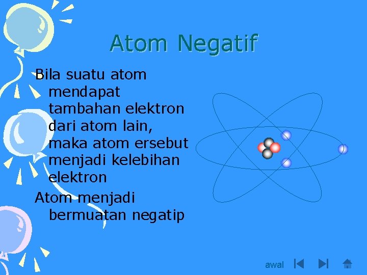 Atom Negatif Bila suatu atom mendapat tambahan elektron dari atom lain, maka atom ersebut