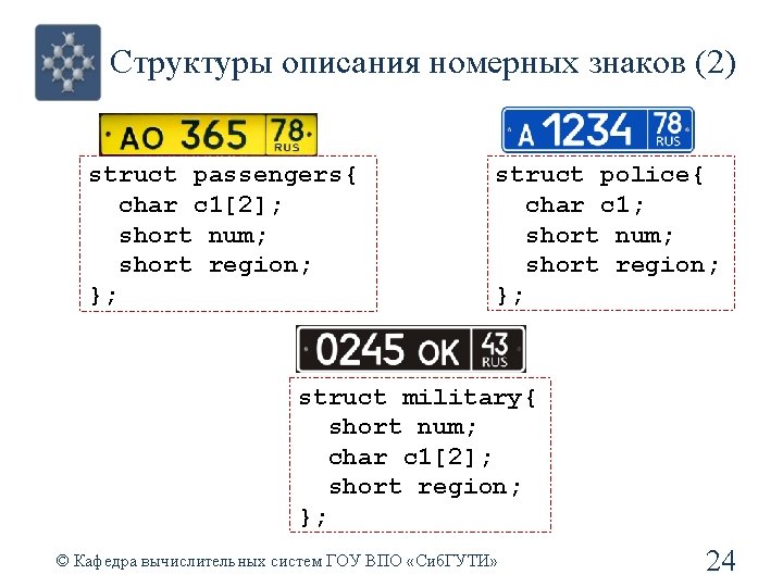 Структуры описания номерных знаков (2) struct passengers{ char c 1[2]; short num; short region;