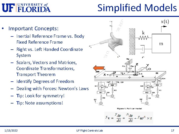 Simplified Models • Important Concepts: – Inertial Reference Frame vs. Body Fixed Reference Frame