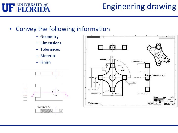 Engineering drawing • Convey the following information – – – Geometry Dimensions Tolerances Material