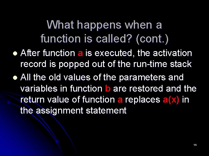 What happens when a function is called? (cont. ) After function a is executed,