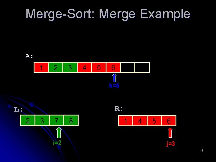 Merge-Sort: Merge Example A: 1 2 3 4 5 6 10 14 k=5 R: