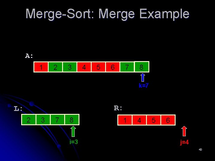 Merge-Sort: Merge Example A: 1 2 3 4 5 6 7 8 14 k=7
