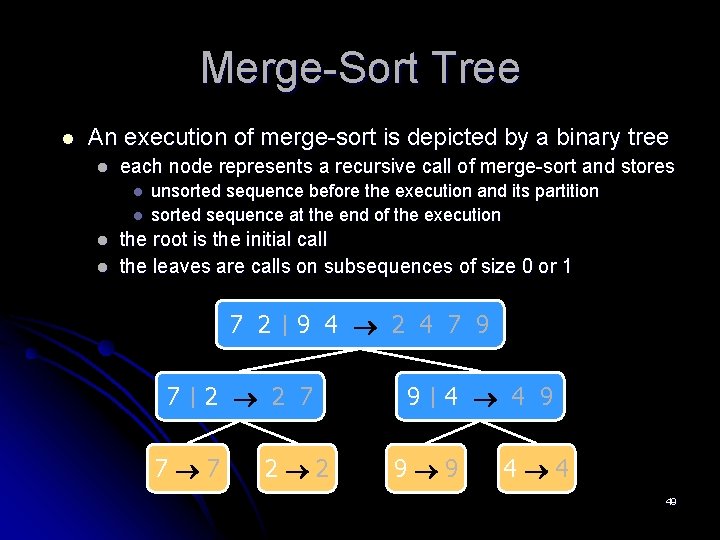 Merge-Sort Tree l An execution of merge-sort is depicted by a binary tree l