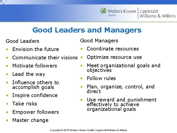 Good Leaders and Managers Good Leaders Good Managers • Envision the future • Coordinate