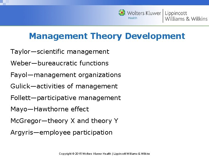 Management Theory Development Taylor—scientific management Weber—bureaucratic functions Fayol—management organizations Gulick—activities of management Follett—participative management