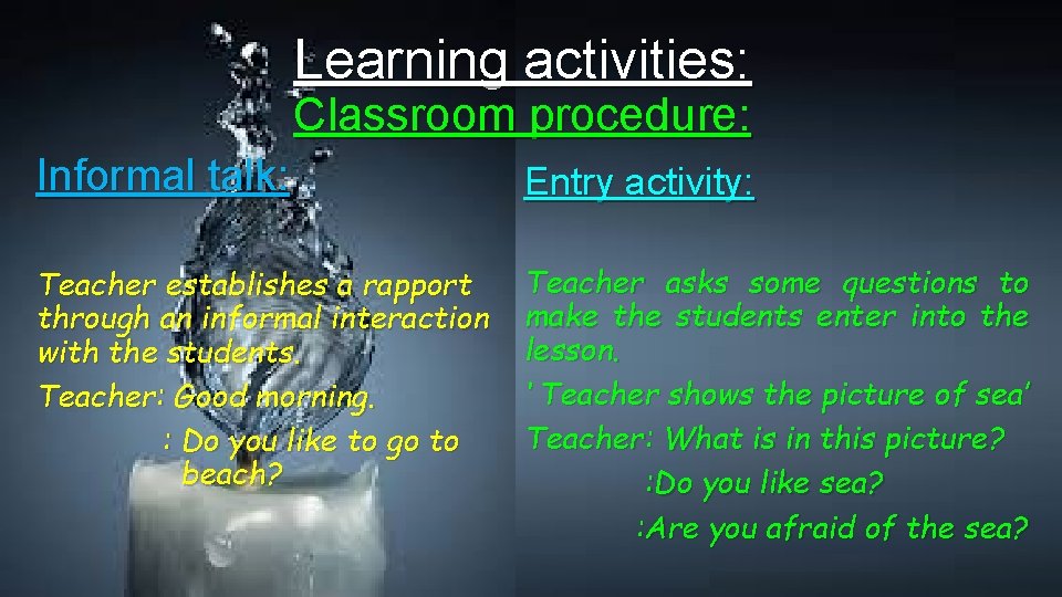 Learning activities: Classroom procedure: Informal talk: Entry activity: Teacher establishes a rapport through an
