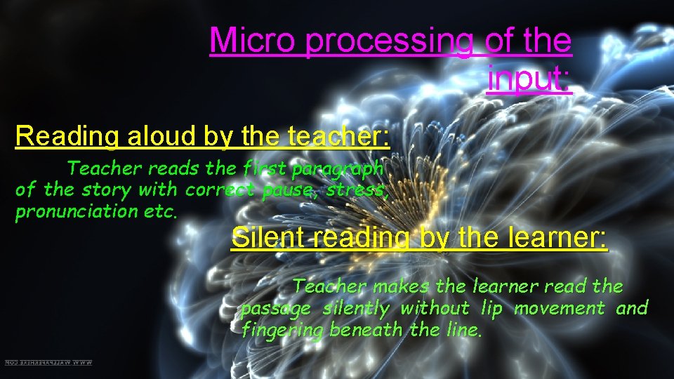 Micro processing of the input: Reading aloud by the teacher: Teacher reads the first