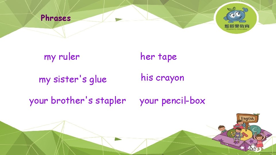 Phrases my ruler my sister's glue your brother's stapler her tape his crayon your