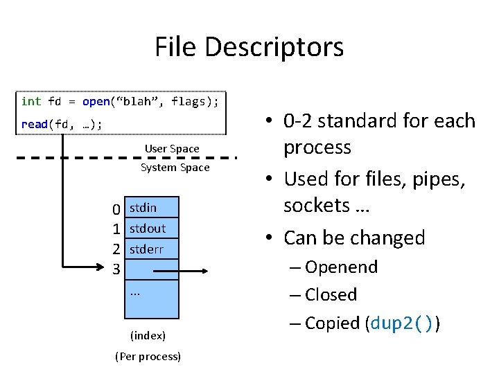 File Descriptors int fd = open(“blah”, flags); read(fd, …); User Space System Space 0