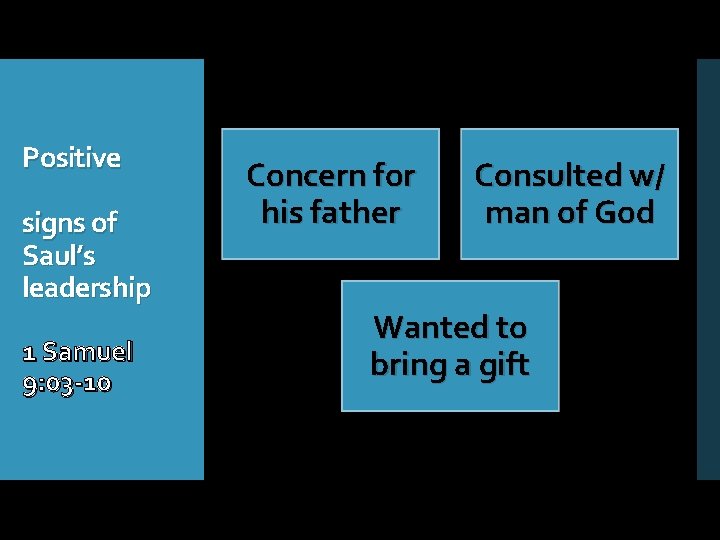 Positive signs of Saul’s leadership 1 Samuel 9: 03 -10 Concern for his father