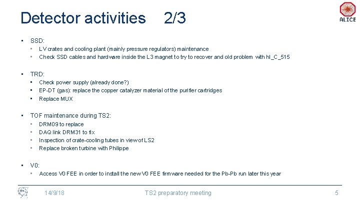 Detector activities 2/3 • SSD: • LV crates and cooling plant (mainly pressure regulators)