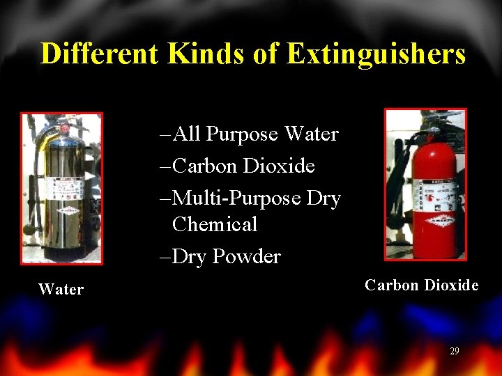 Different Kinds of Extinguishers – All Purpose Water – Carbon Dioxide – Multi-Purpose Dry