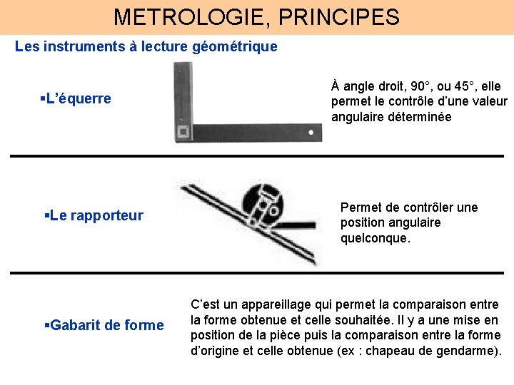 METROLOGIE, PRINCIPES Les instruments à lecture géométrique §L’équerre §Le rapporteur §Gabarit de forme À