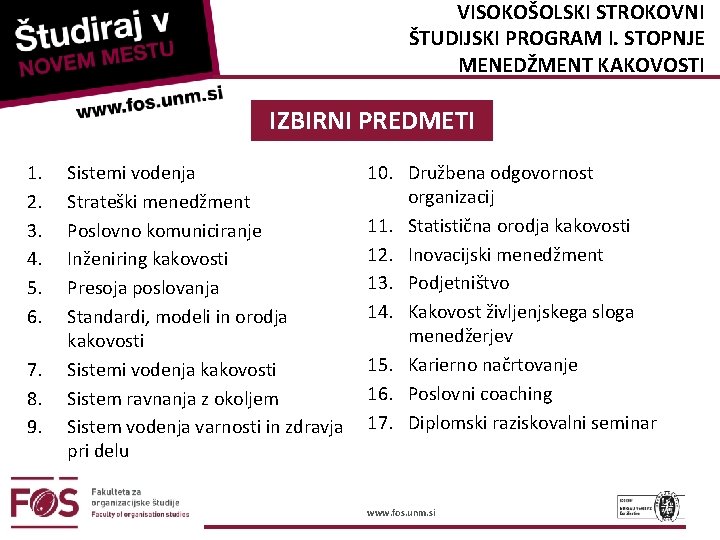 VISOKOŠOLSKI STROKOVNI ŠTUDIJSKI PROGRAM I. STOPNJE MENEDŽMENT KAKOVOSTI IZBIRNI PREDMETI 1. 2. 3. 4.