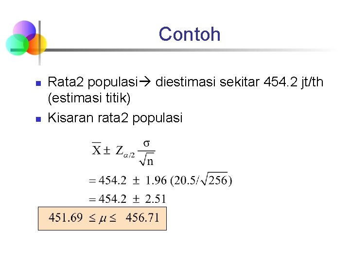 Contoh n n Rata 2 populasi diestimasi sekitar 454. 2 jt/th (estimasi titik) Kisaran