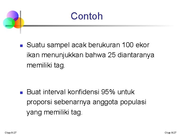 Contoh n n Chap 8 -27 Suatu sampel acak berukuran 100 ekor ikan menunjukkan