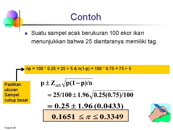 Contoh n Suatu sampel acak berukuran 100 ekor ikan menunjukkan bahwa 25 diantaranya memiliki