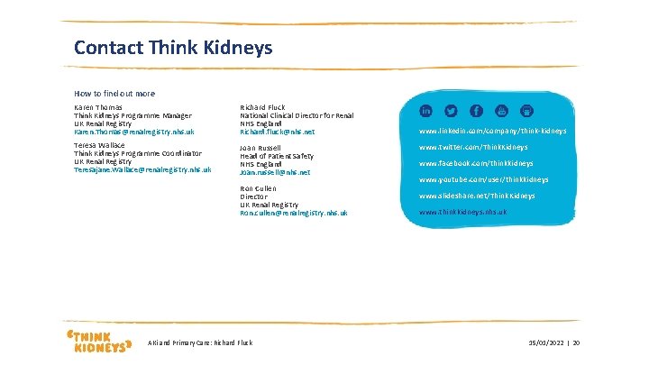 Contact Think Kidneys How to find out more Karen Thomas Think Kidneys Programme Manager