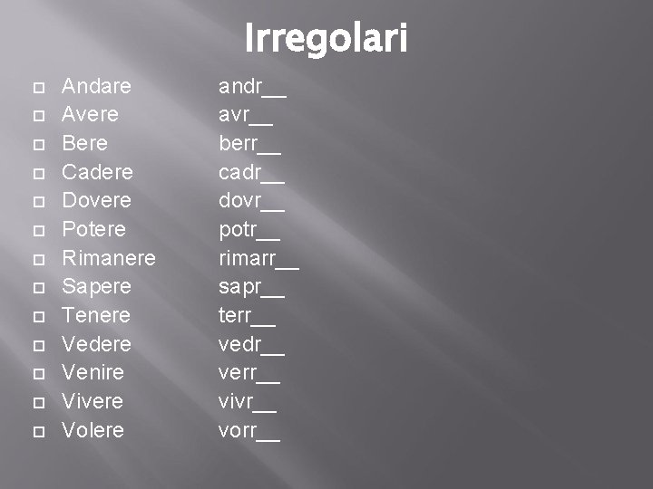 Irregolari Andare Avere Bere Cadere Dovere Potere Rimanere Sapere Tenere Vedere Venire Vivere Volere Irregolari Andare Avere Bere Cadere Dovere Potere Rimanere Sapere Tenere Vedere Venire Vivere Volere