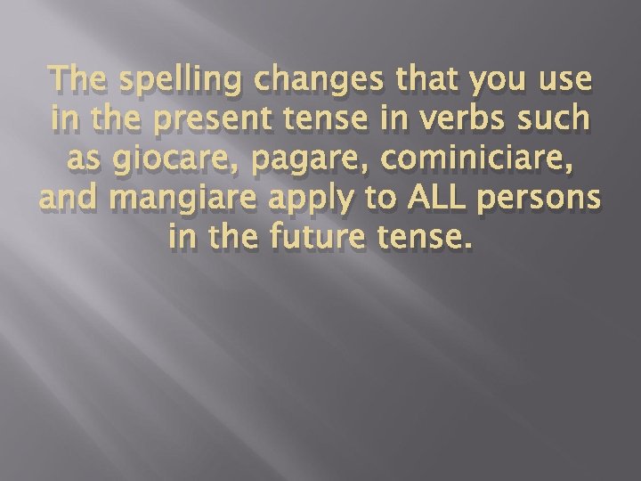 The spelling changes that you use in the present tense in verbs such as The spelling changes that you use in the present tense in verbs such as